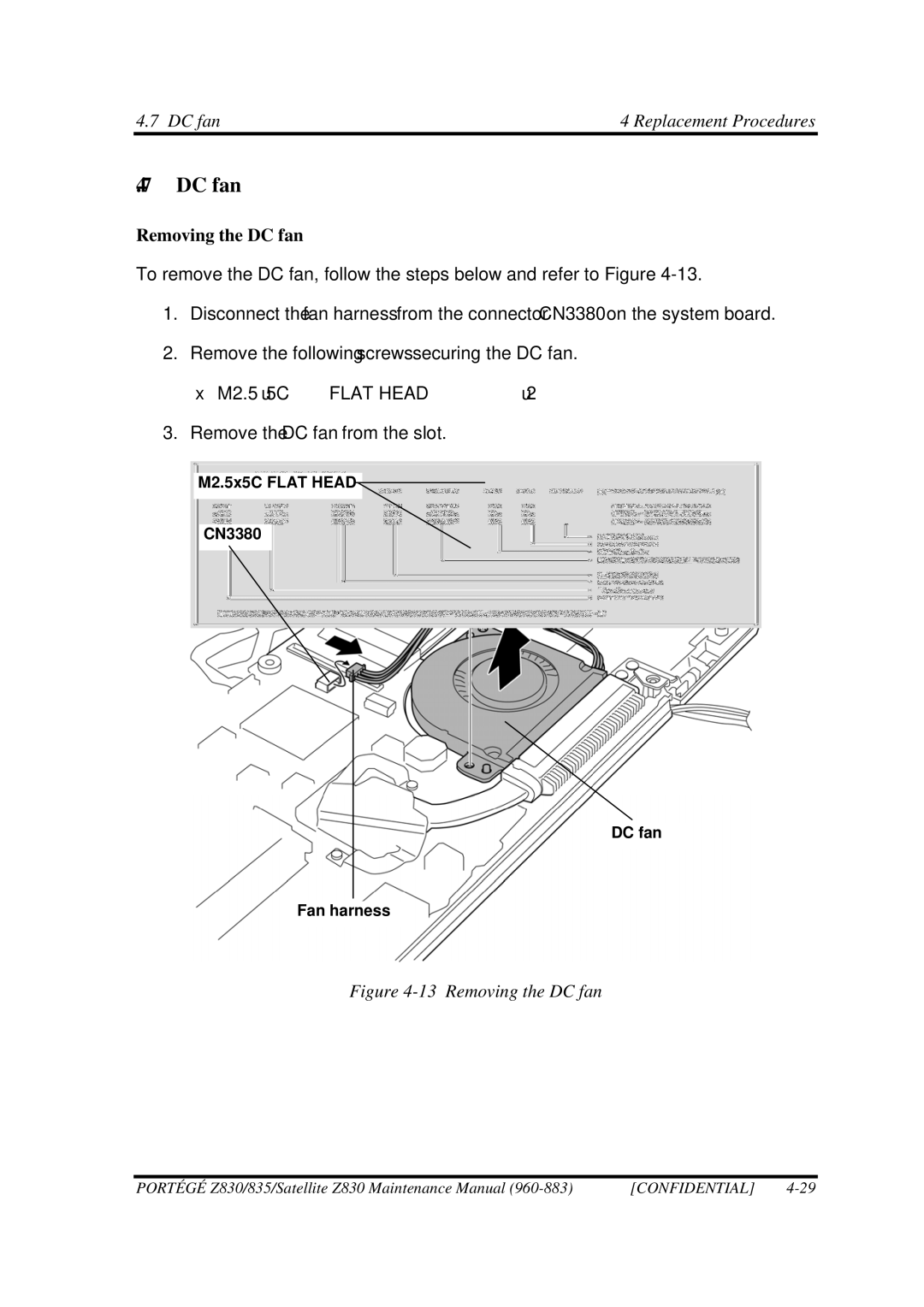 Toshiba Z830 manual Removing the DC fan 