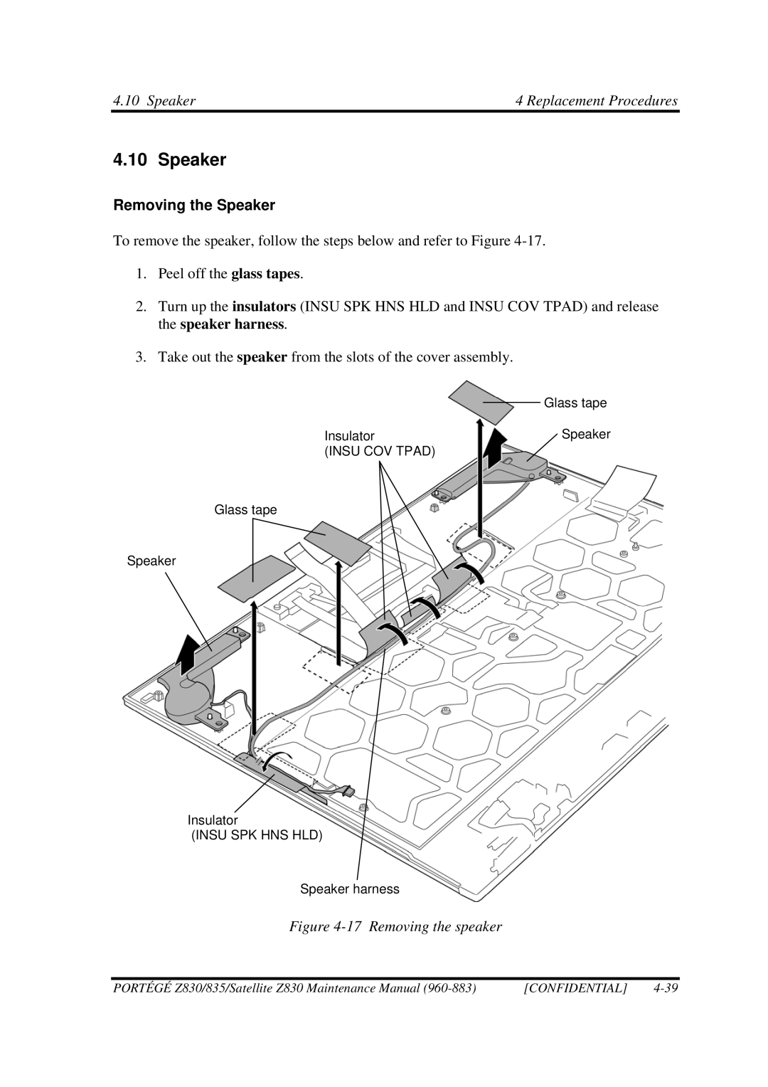 Toshiba Z830 manual Removing the Speaker 