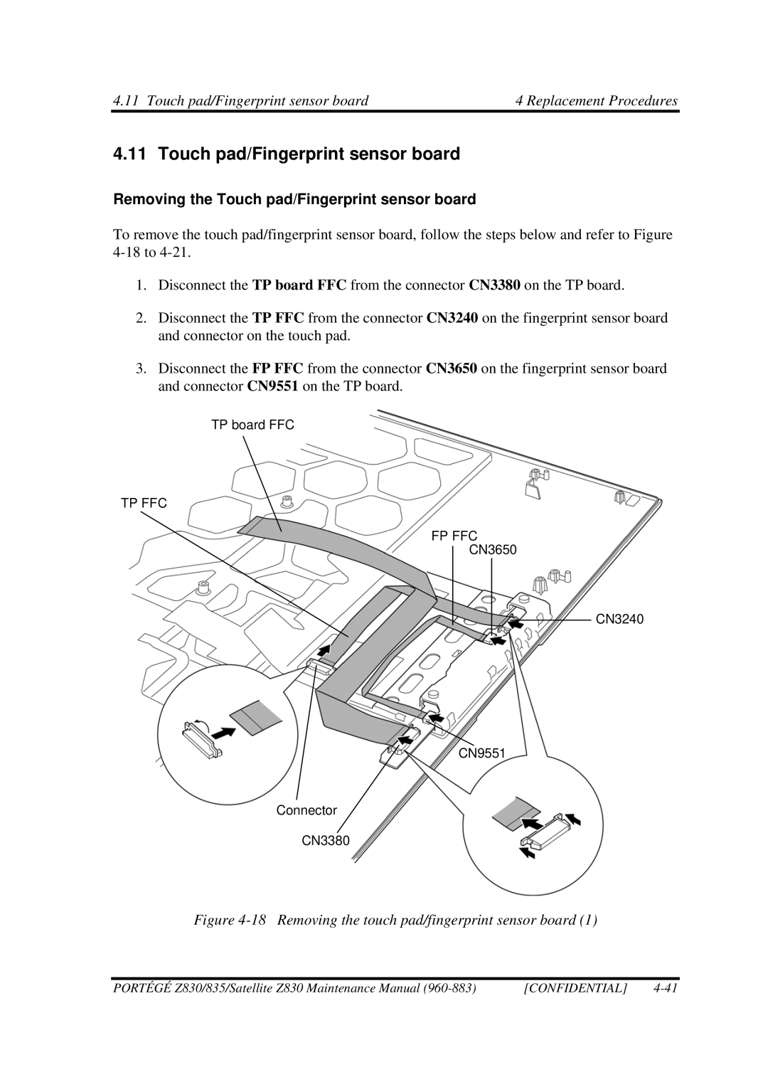 Toshiba Z830 manual Removing the Touch pad/Fingerprint sensor board 