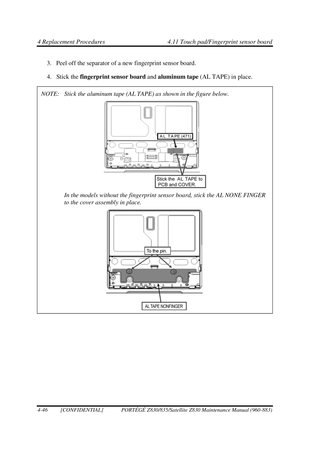 Toshiba Z830 manual Peel off the separator of a new fingerprint sensor board 