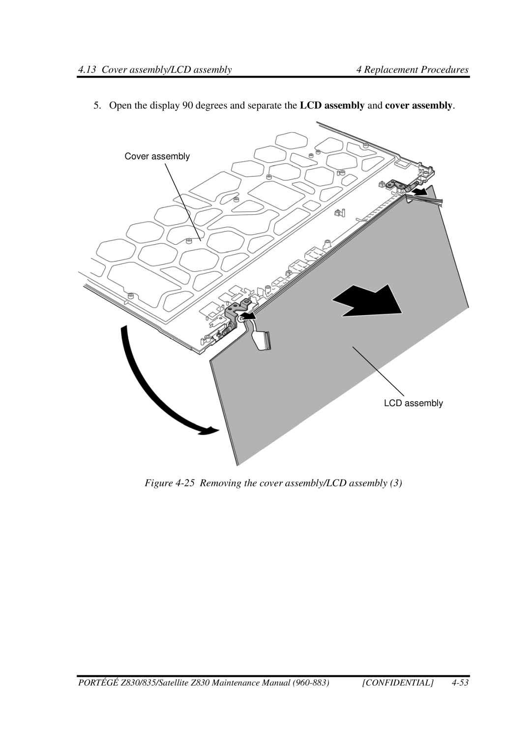 Toshiba Z830 manual Cover assembly/LCD assembly4 Replacement Procedures, Removing the cover assembly/LCD assembly 