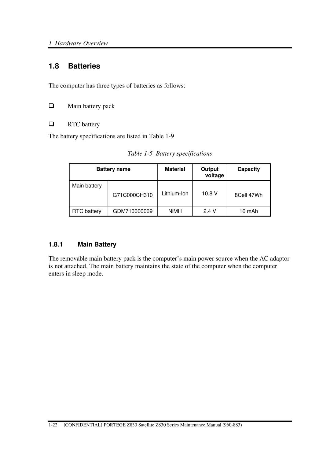 Toshiba Z830 manual Batteries, Battery specifications, Main Battery 