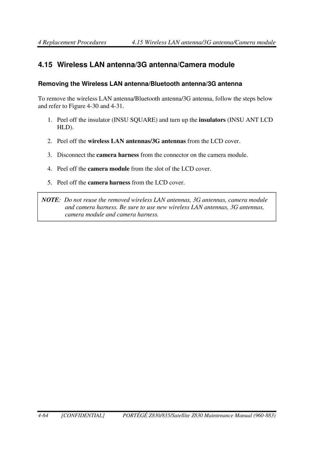 Toshiba Z830 manual Wireless LAN antenna/3G antenna/Camera module, Replacement Procedures 