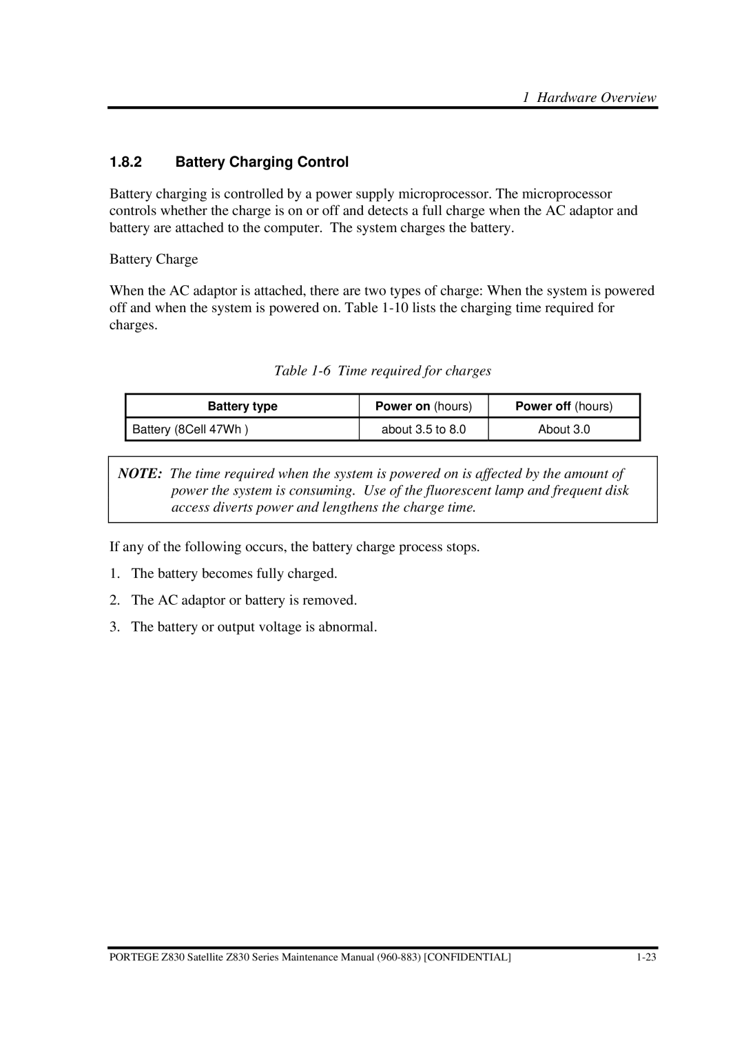 Toshiba Z830 manual Battery Charging Control, Time required for charges 