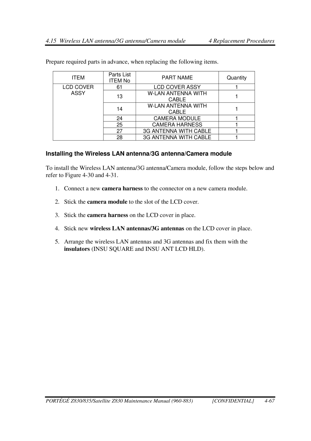 Toshiba Z830 manual Installing the Wireless LAN antenna/3G antenna/Camera module 