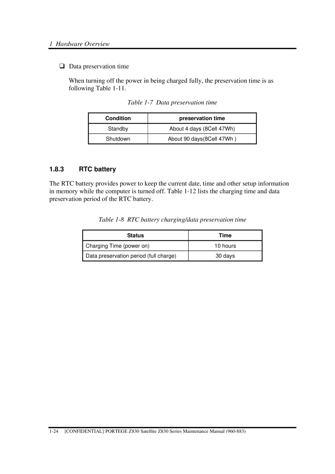 Toshiba Z830 manual Data preservation time, RTC battery 