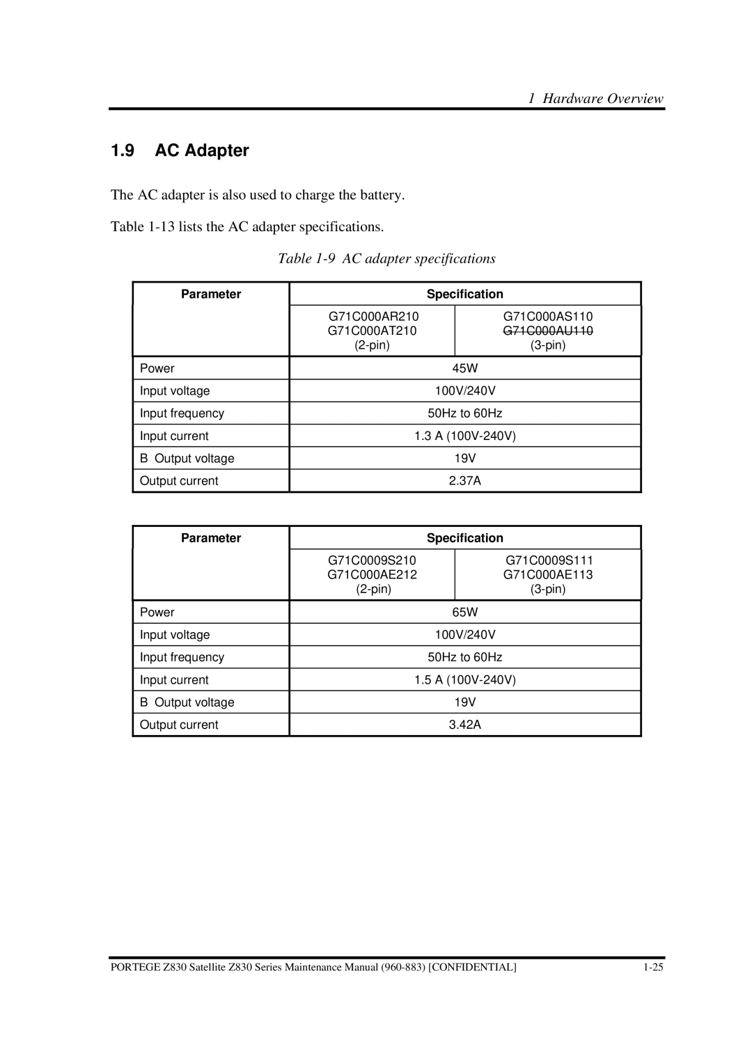 Toshiba Z830 manual AC Adapter, AC adapter specifications 