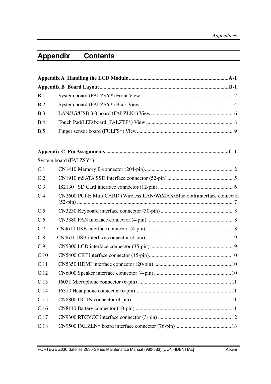 Toshiba Z830 manual Appendix Contents 