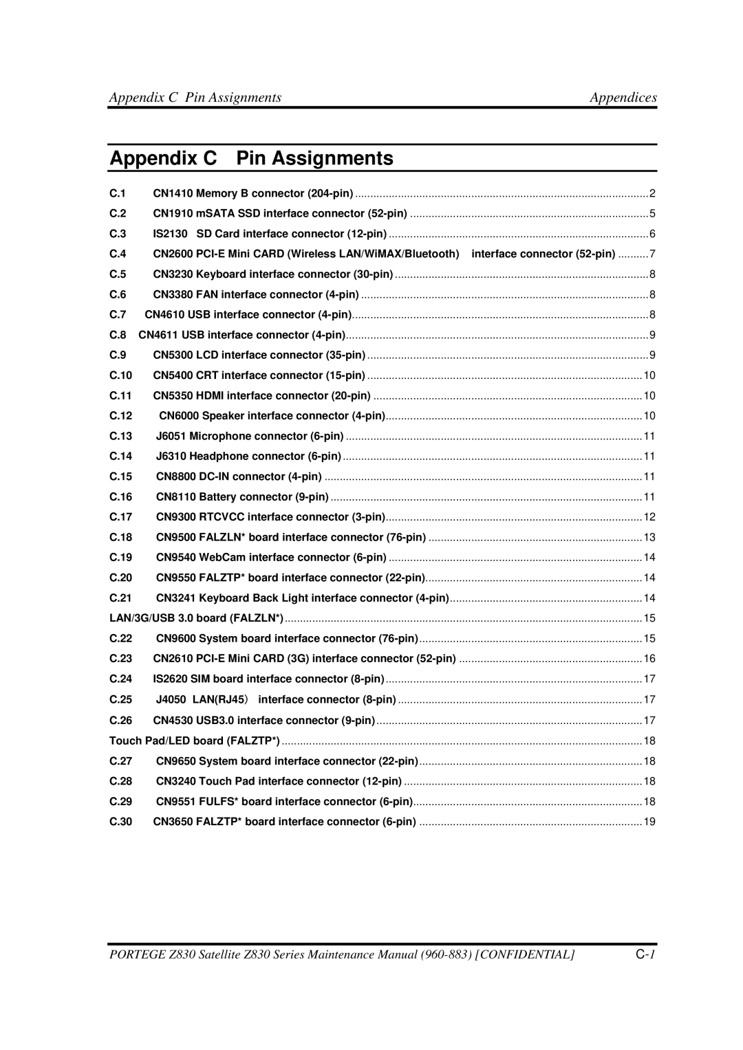 Toshiba Z830 manual Appendix C Pin Assignments 