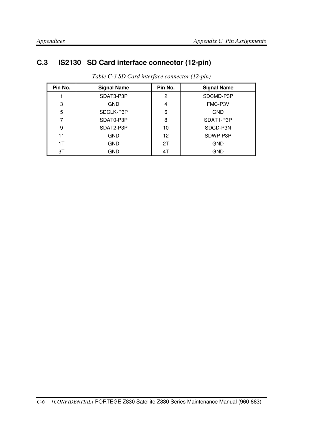 Toshiba Z830 manual IS2130 SD Card interface connector 12-pin, Table C-3 SD Card interface connector 12-pin 