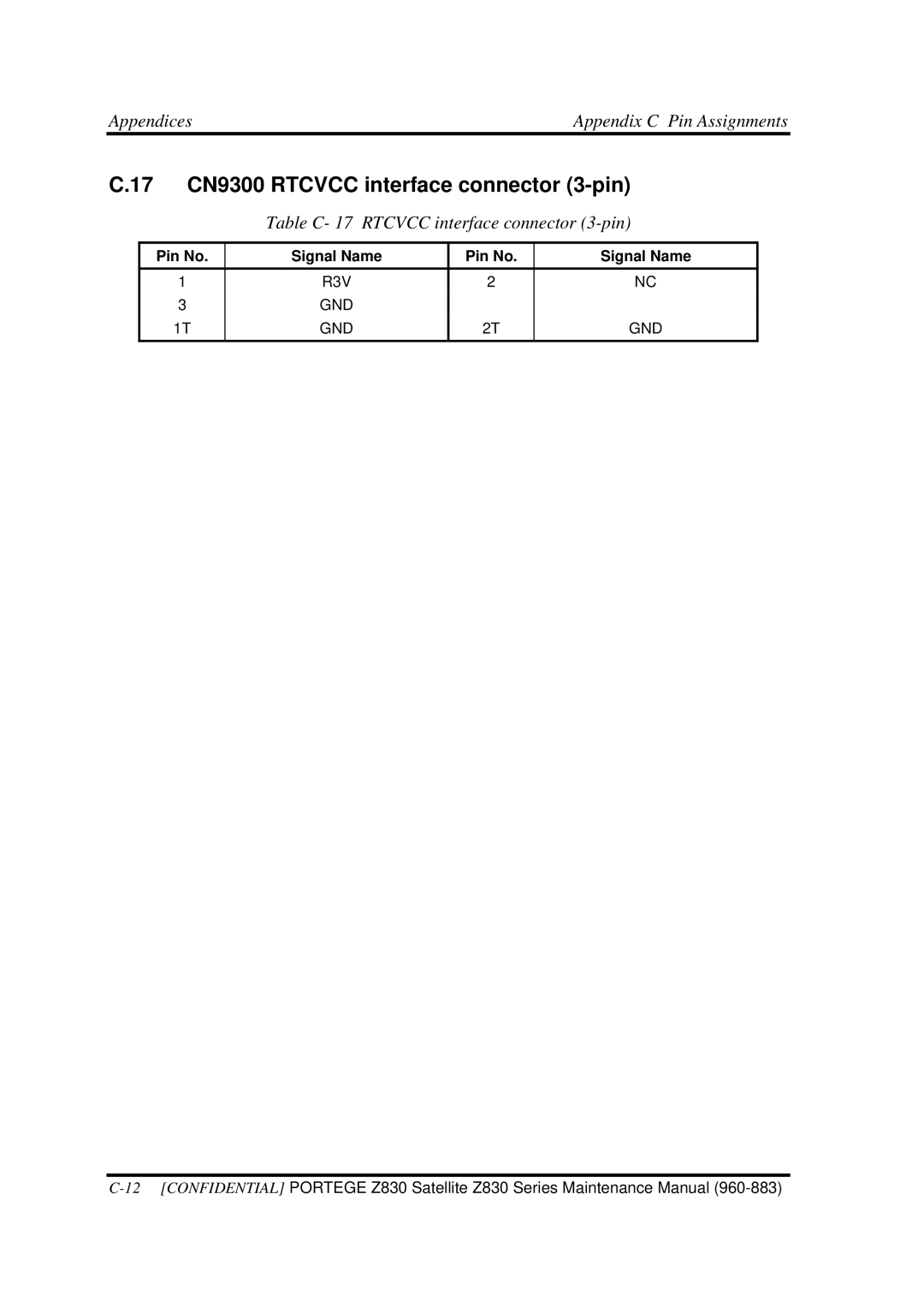 Toshiba Z830 manual 17 CN9300 Rtcvcc interface connector 3-pin, Table C- 17 Rtcvcc interface connector 3-pin 