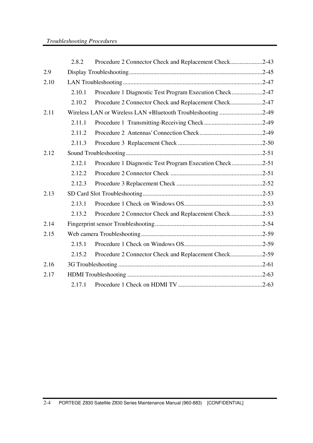 Toshiba Z830 manual Troubleshooting Procedures 