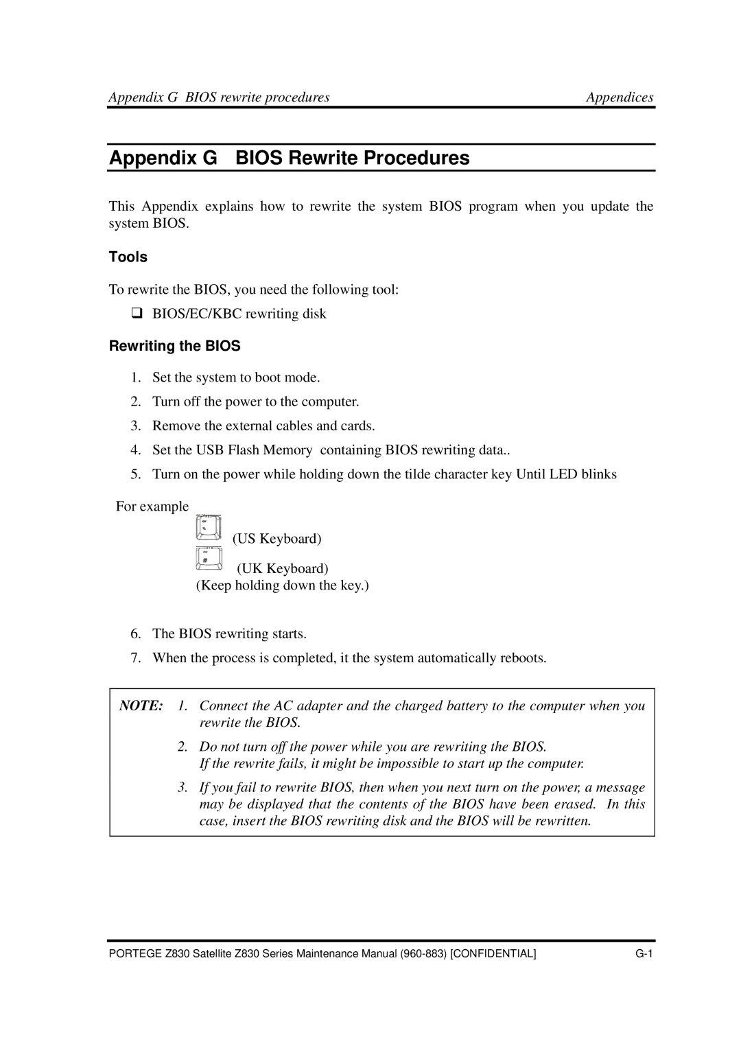 Toshiba Z830 manual Appendix G Bios rewrite procedures Appendices, Tools, Rewriting the Bios 