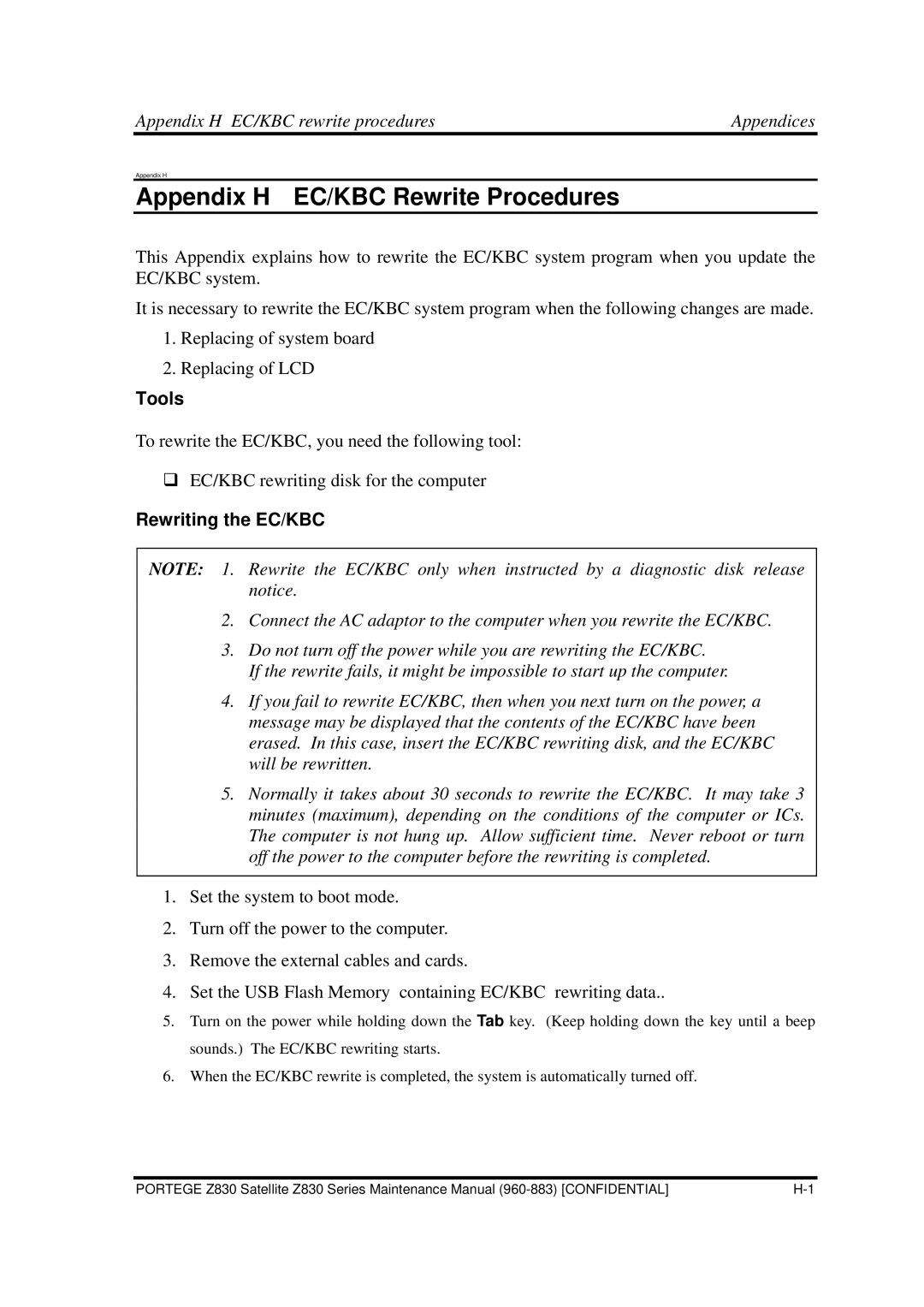 Toshiba Z830 manual Appendix H EC/KBC rewrite procedures Appendices, Rewriting the EC/KBC 