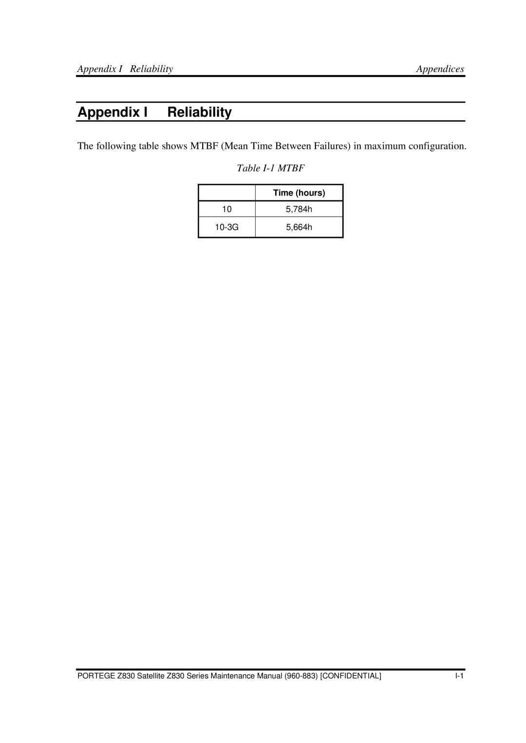 Toshiba Z830 manual Appendix I ReliabilityAppendices, Table I-1 Mtbf 