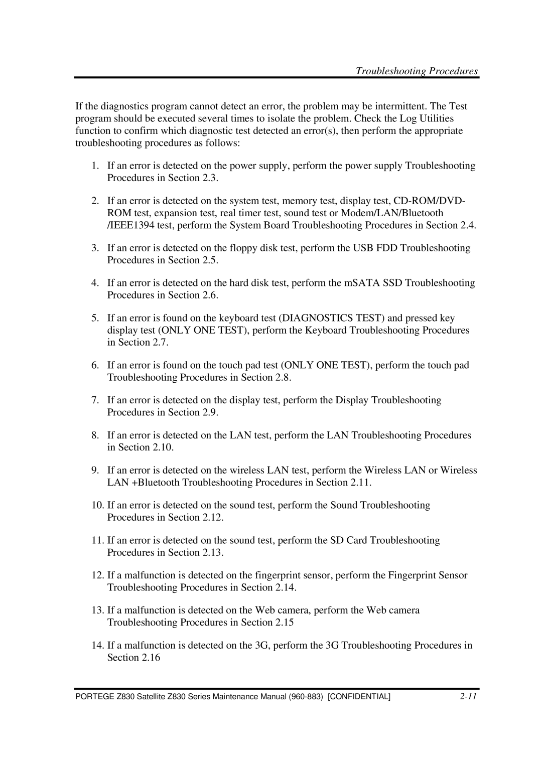 Toshiba Z830 manual Troubleshooting Procedures 