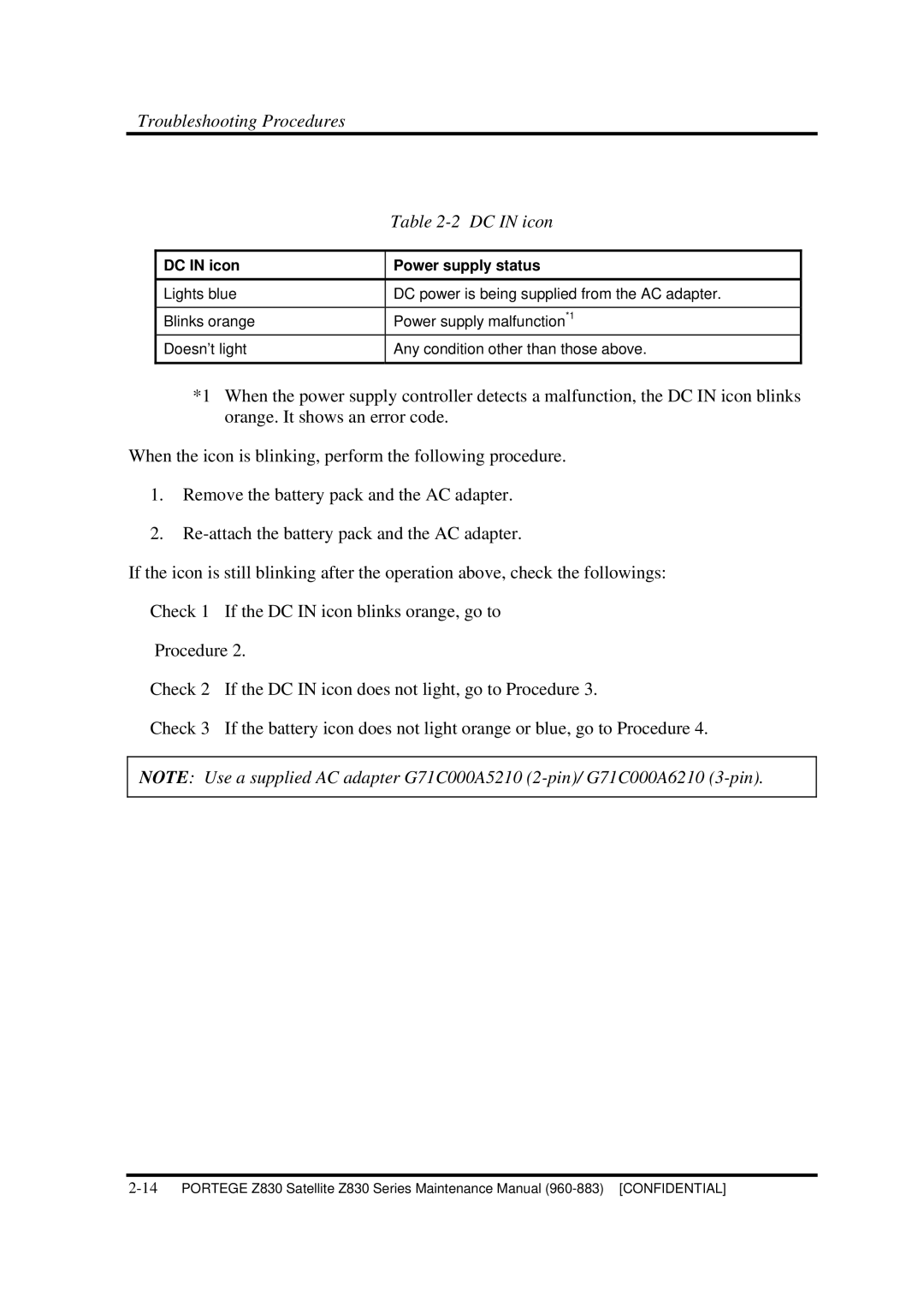 Toshiba Z830 manual Troubleshooting Procedures DC in icon, DC in icon Power supply status 