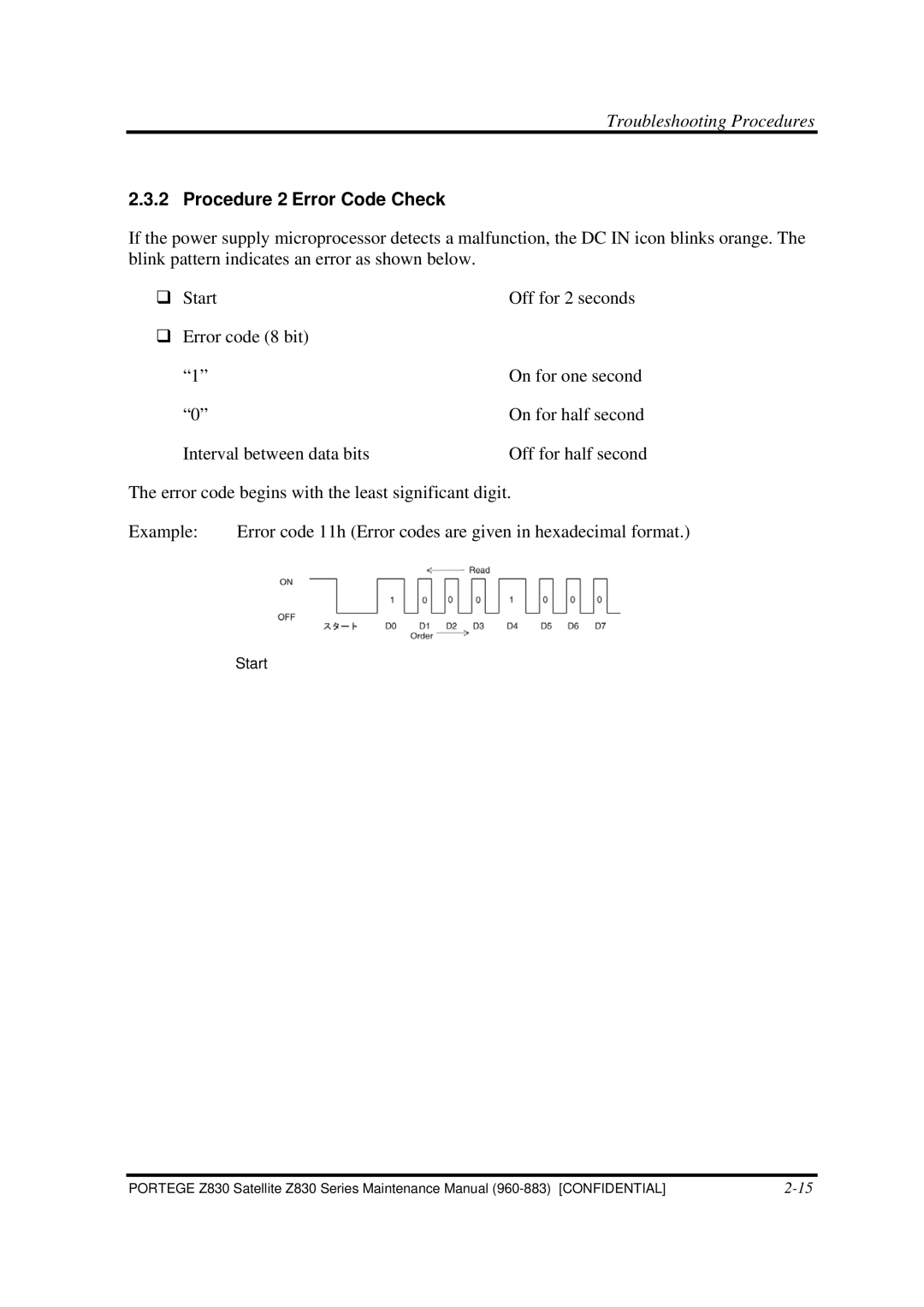 Toshiba Z830 manual Procedure 2 Error Code Check 