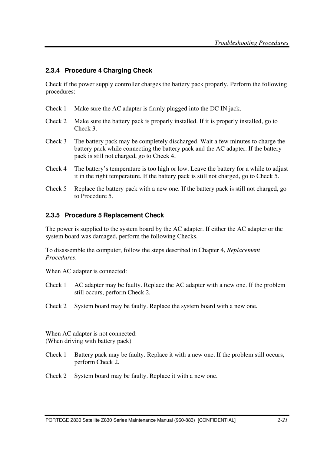 Toshiba Z830 manual Procedure 4 Charging Check, Procedure 5 Replacement Check 