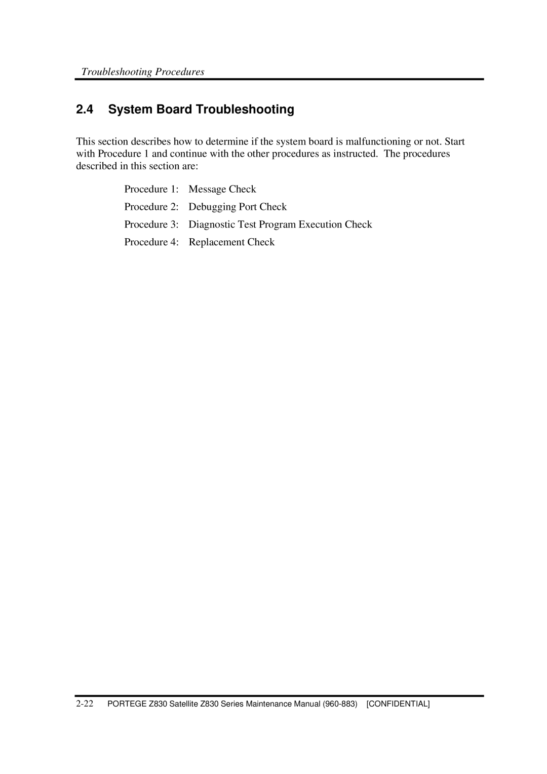 Toshiba Z830 manual System Board Troubleshooting 