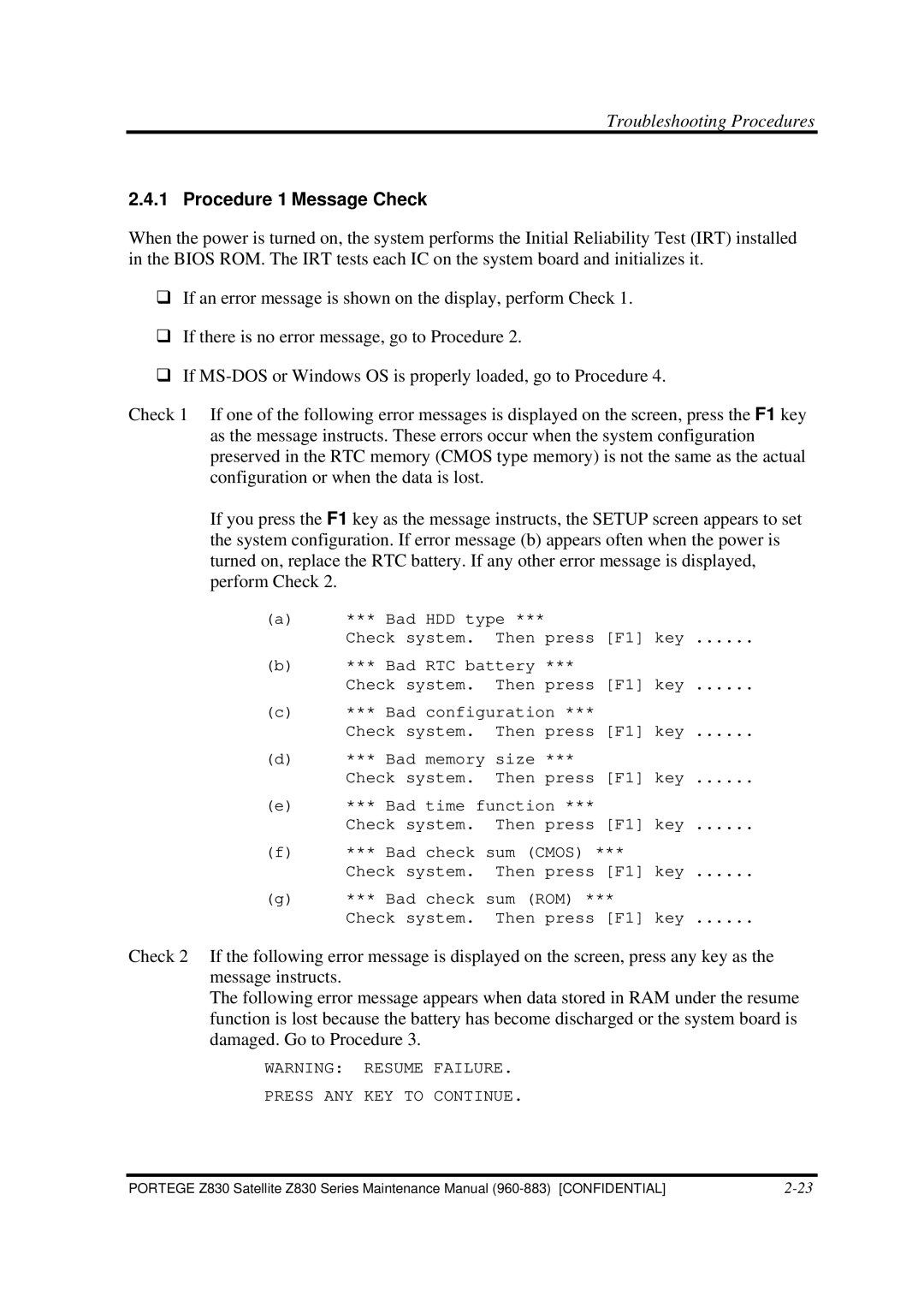 Toshiba Z830 manual Procedure 1 Message Check 