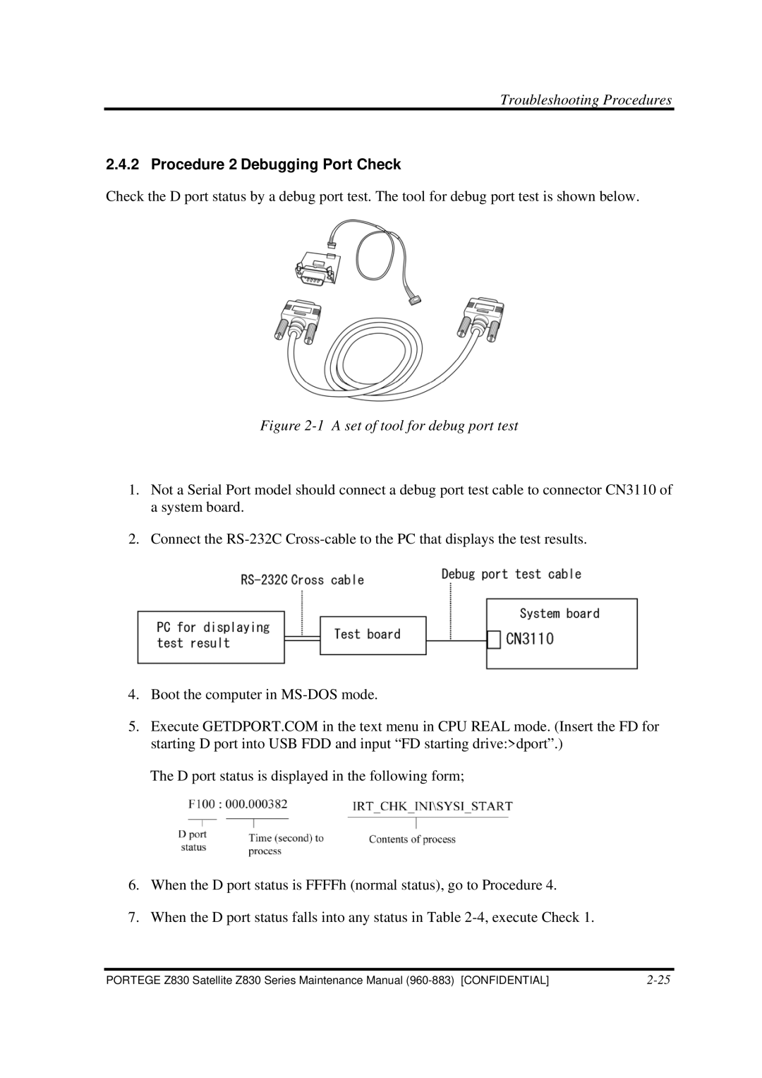 Toshiba Z830 manual Procedure 2 Debugging Port Check, A set of tool for debug port test 