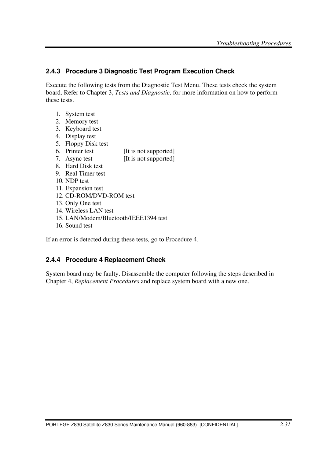 Toshiba Z830 manual Procedure 3 Diagnostic Test Program Execution Check, Procedure 4 Replacement Check 