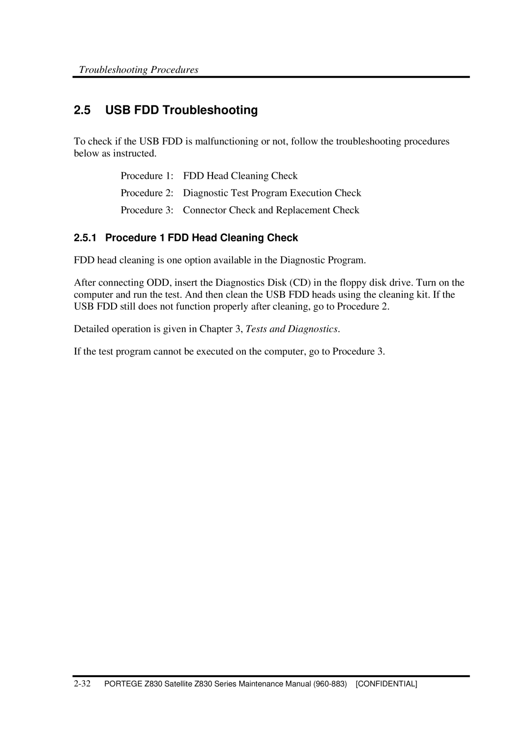 Toshiba Z830 manual USB FDD Troubleshooting, Procedure 1 FDD Head Cleaning Check 