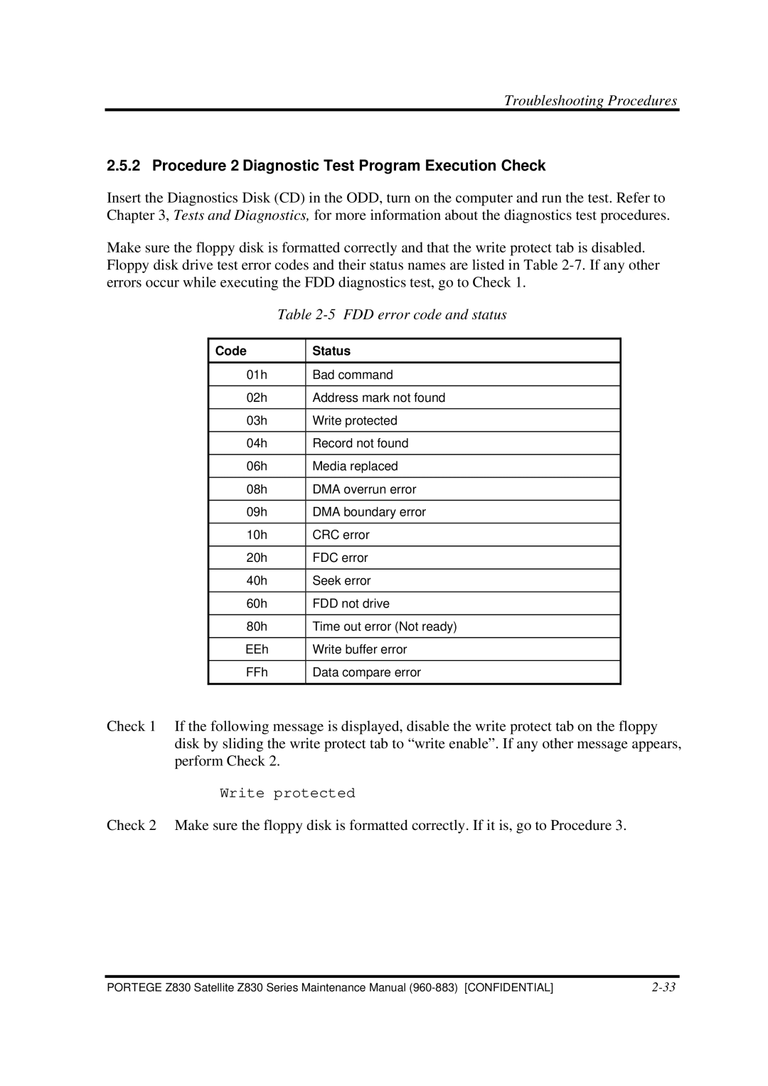 Toshiba Z830 manual Procedure 2 Diagnostic Test Program Execution Check, FDD error code and status 