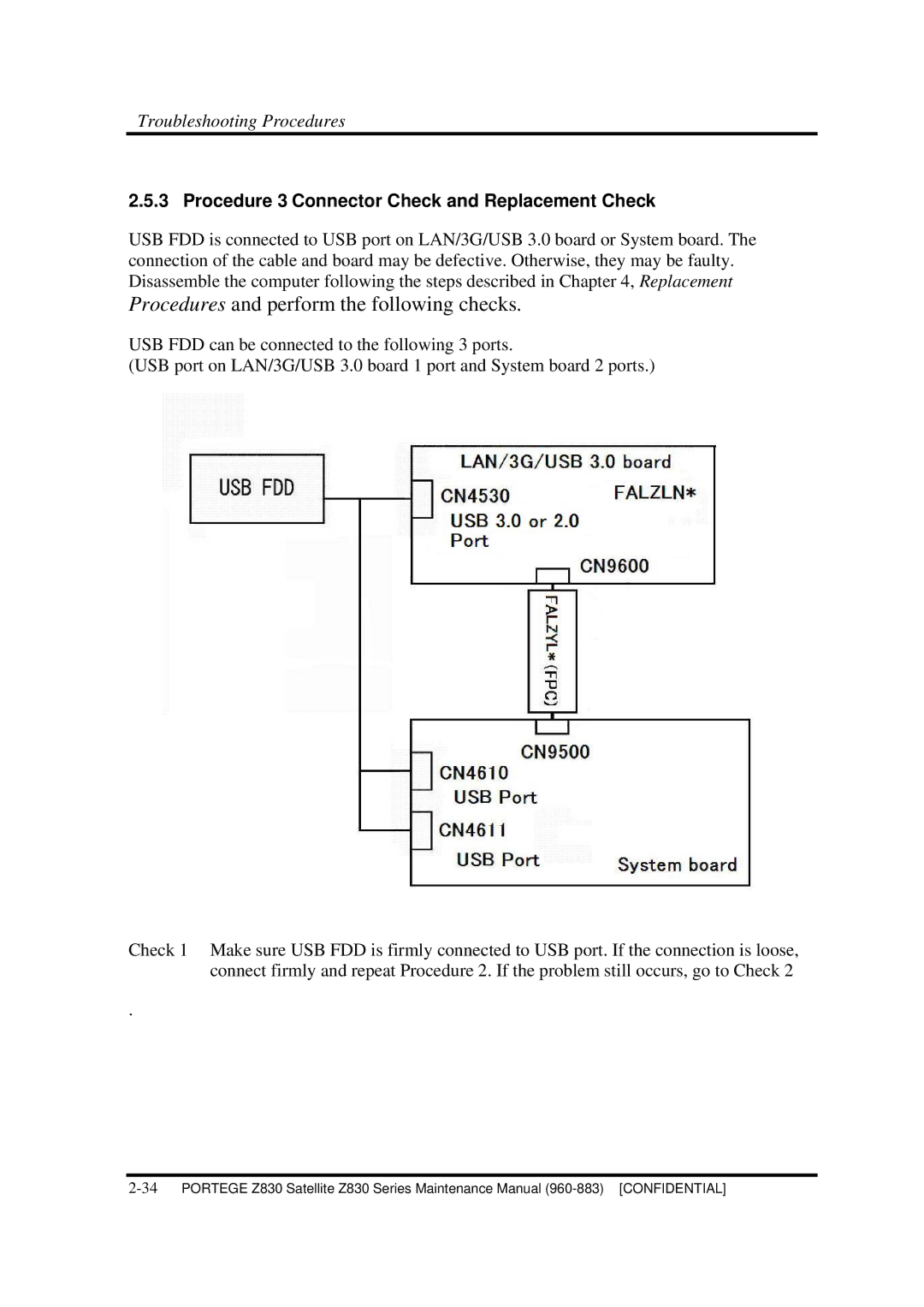 Toshiba Z830 manual Procedures and perform the following checks, Procedure 3 Connector Check and Replacement Check 