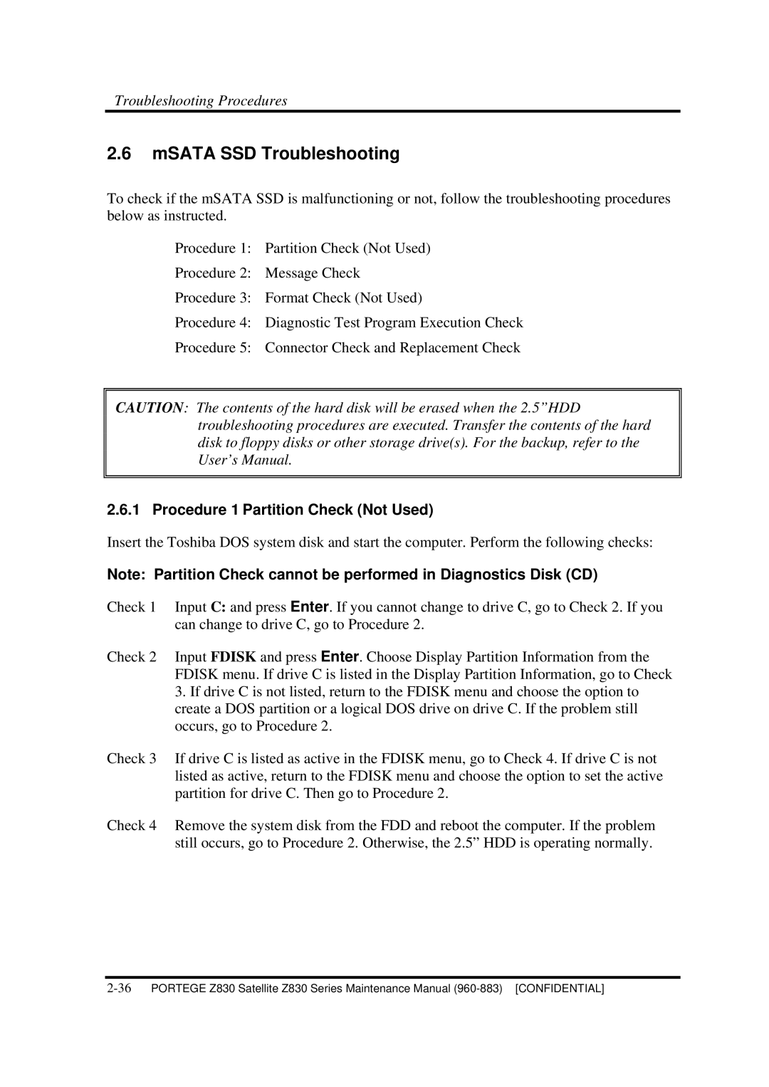 Toshiba Z830 manual MSATA SSD Troubleshooting, Procedure 1 Partition Check Not Used 