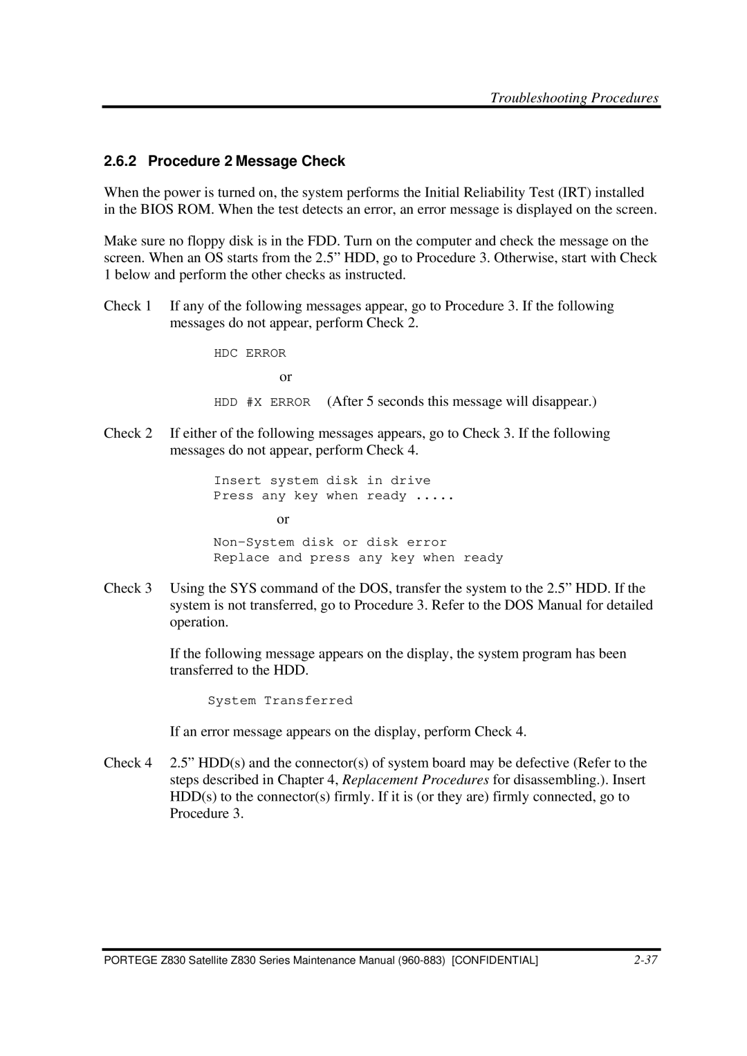 Toshiba Z830 manual Procedure 2 Message Check 