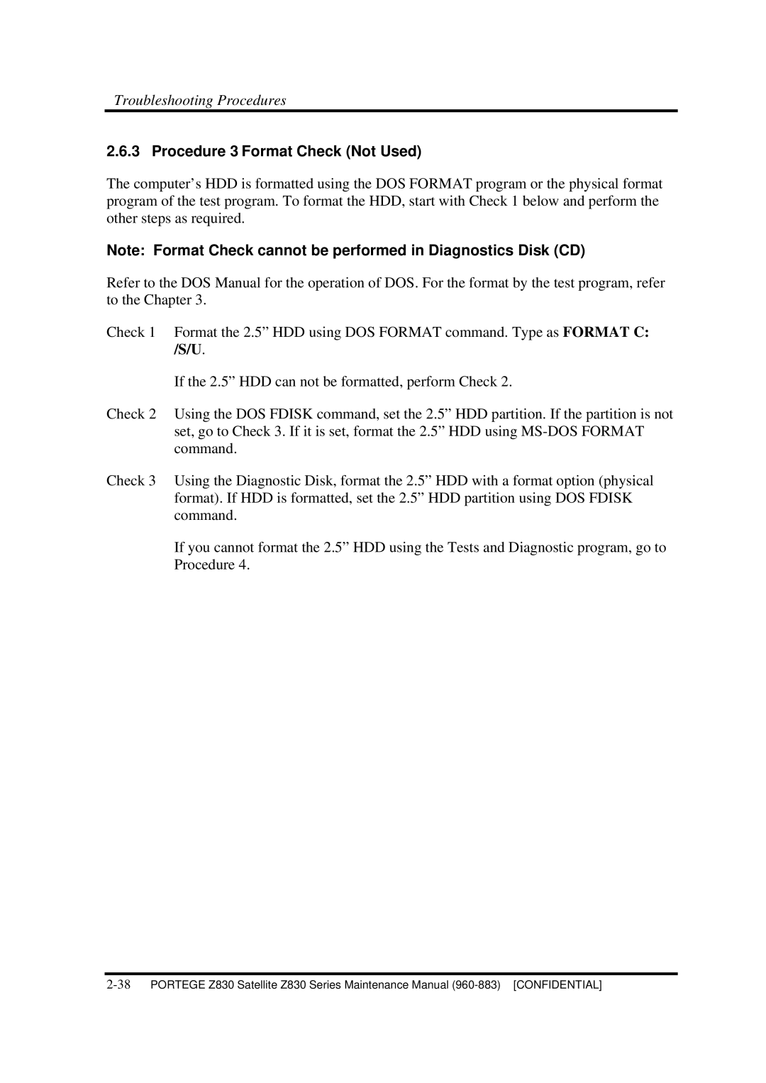 Toshiba Z830 manual Procedure 3 Format Check Not Used 