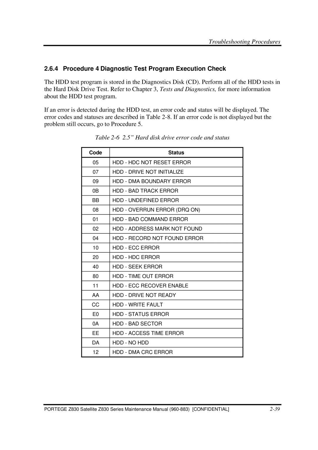 Toshiba Z830 manual Procedure 4 Diagnostic Test Program Execution Check, Hard disk drive error code and status 