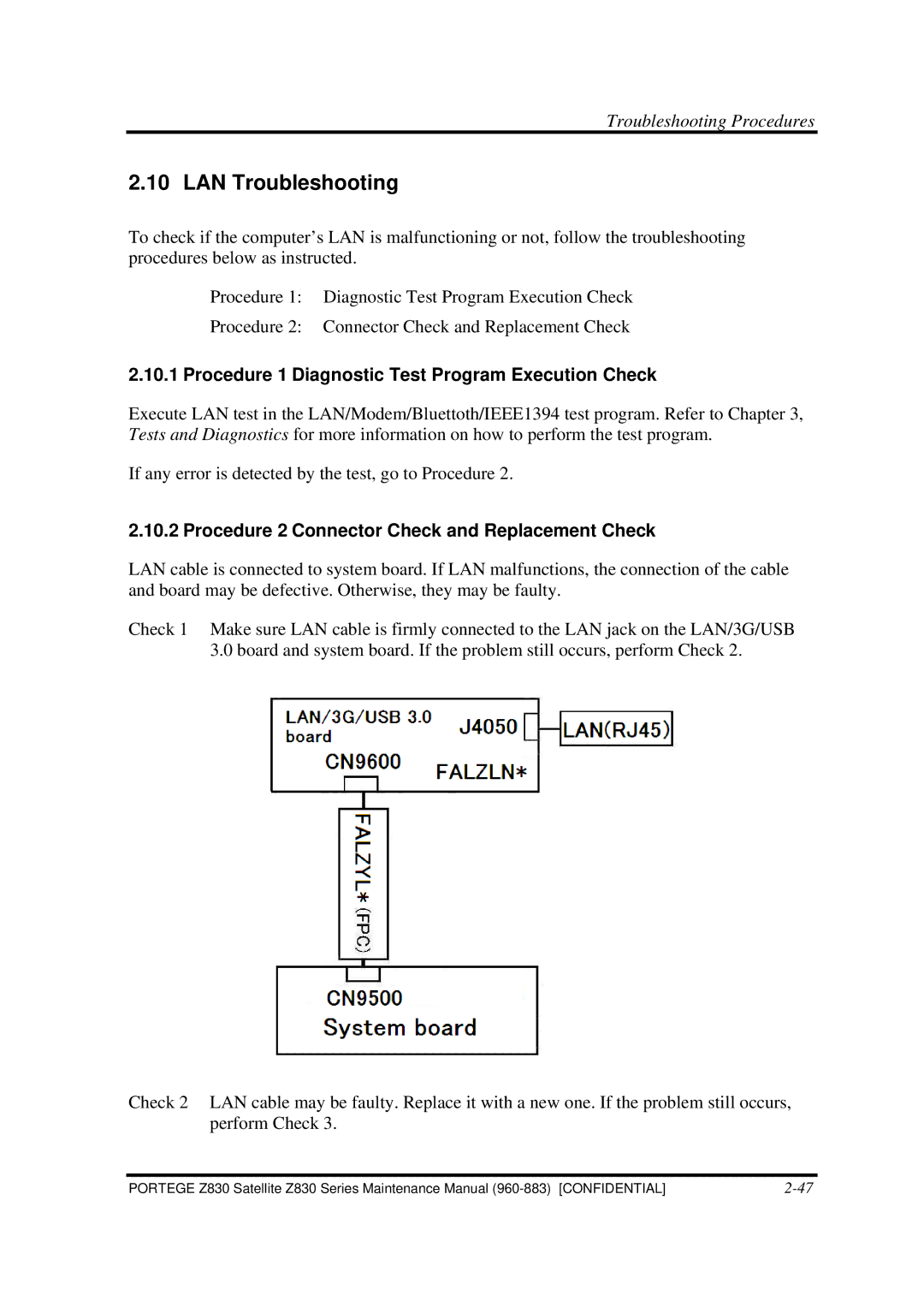 Toshiba Z830 manual LAN Troubleshooting, Procedure 2 Connector Check and Replacement Check 