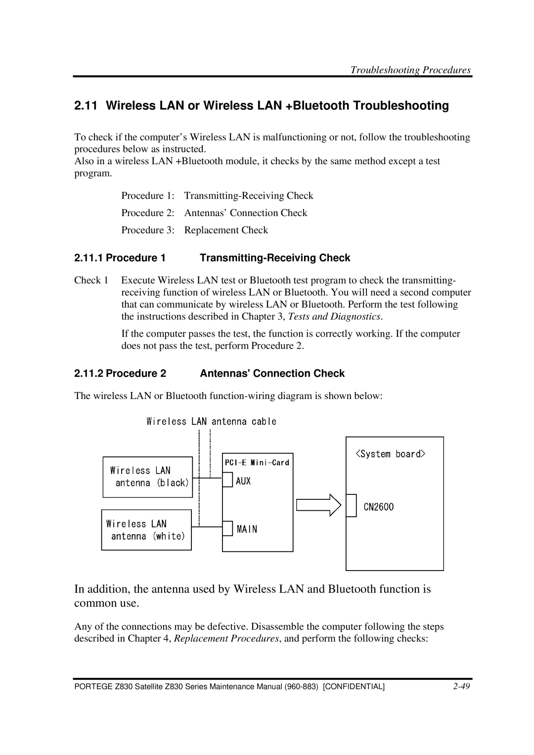 Toshiba Z830 manual Wireless LAN or Wireless LAN +Bluetooth Troubleshooting, Procedure 1 Transmitting-Receiving Check 