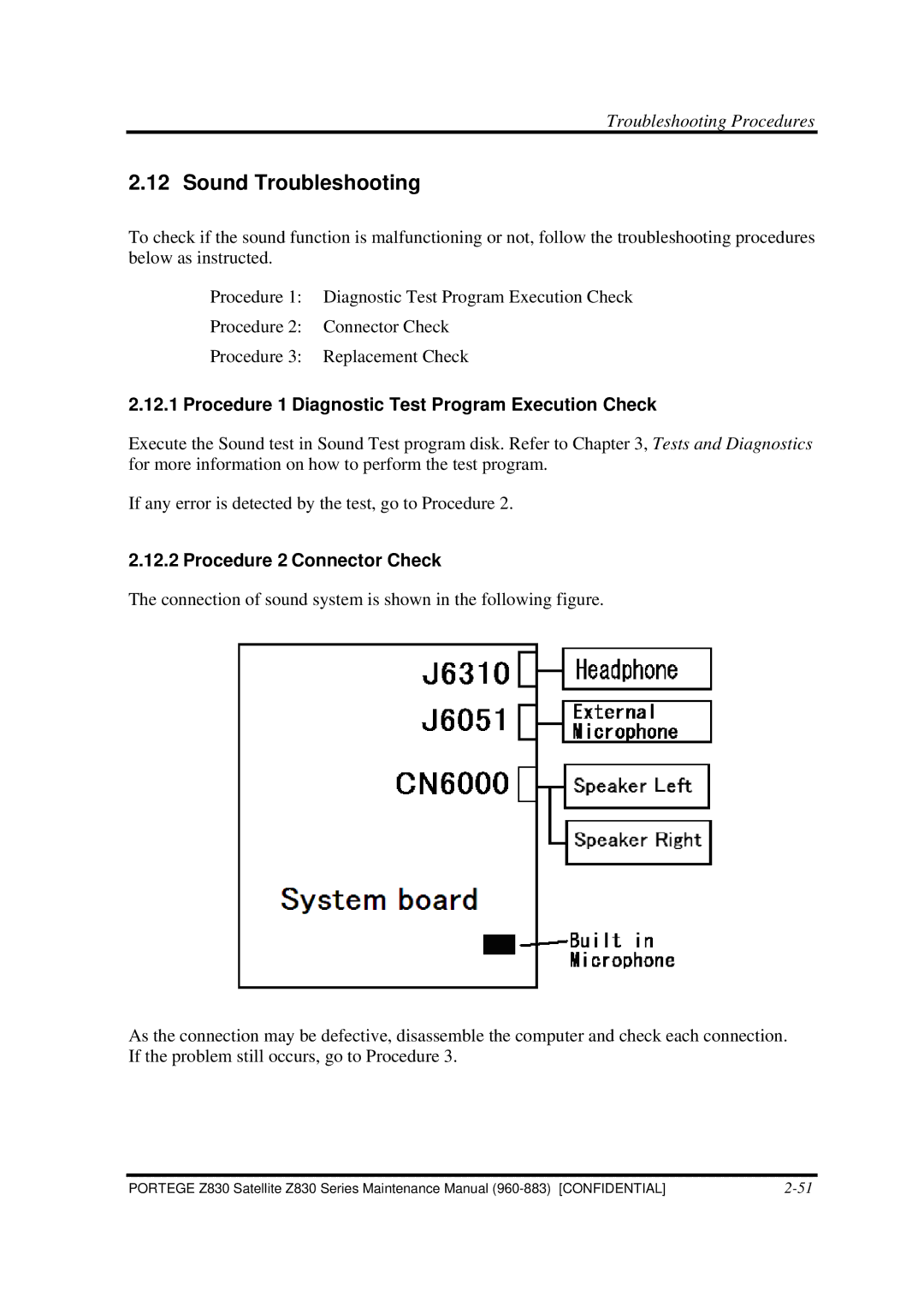 Toshiba Z830 manual Sound Troubleshooting, Procedure 2 Connector Check 