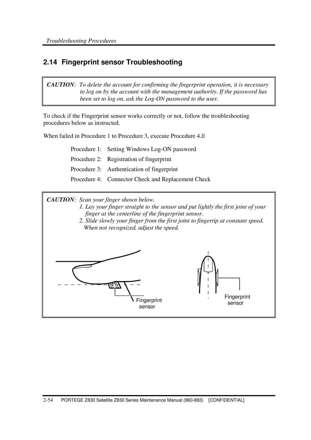 Toshiba Z830 manual Fingerprint sensor Troubleshooting 