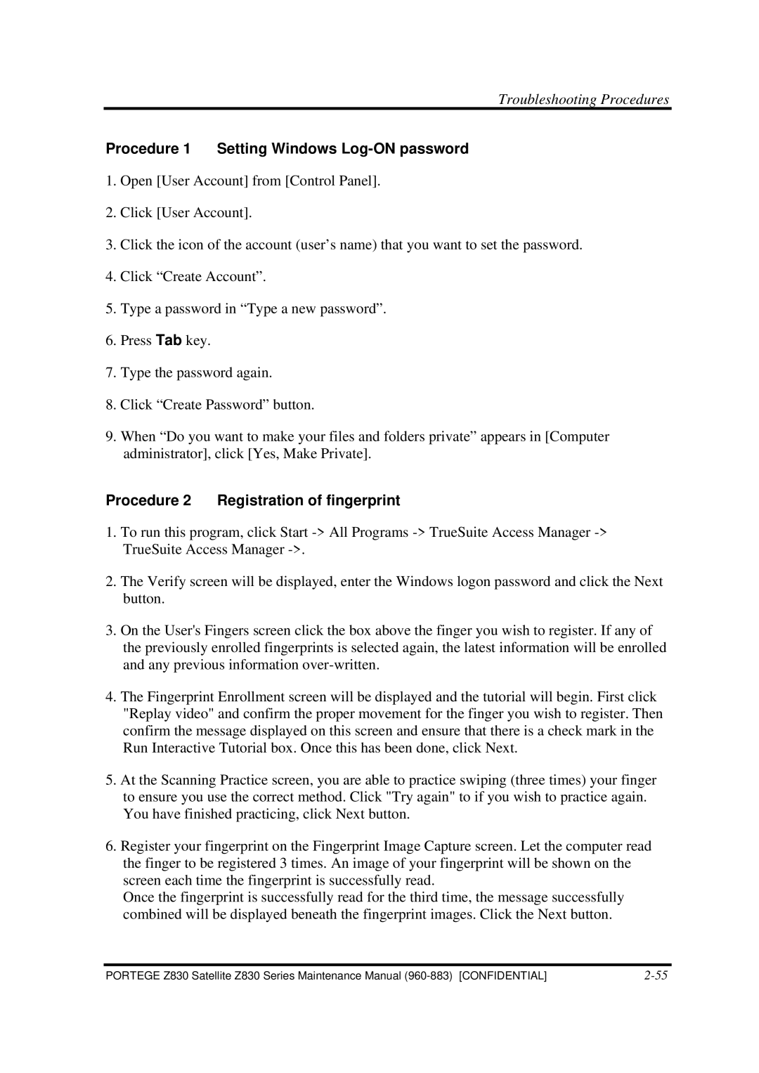 Toshiba Z830 manual Procedure 1 Setting Windows Log-ON password, Procedure 2 Registration of fingerprint 