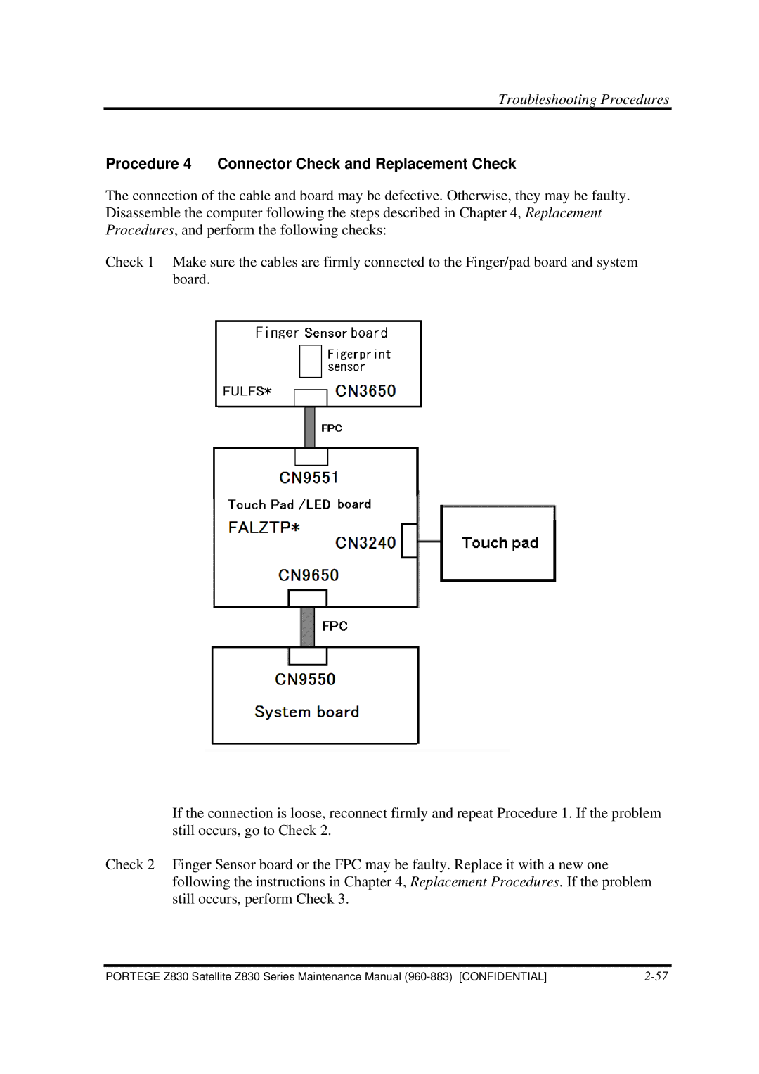 Toshiba Z830 manual Procedure 4 Connector Check and Replacement Check 