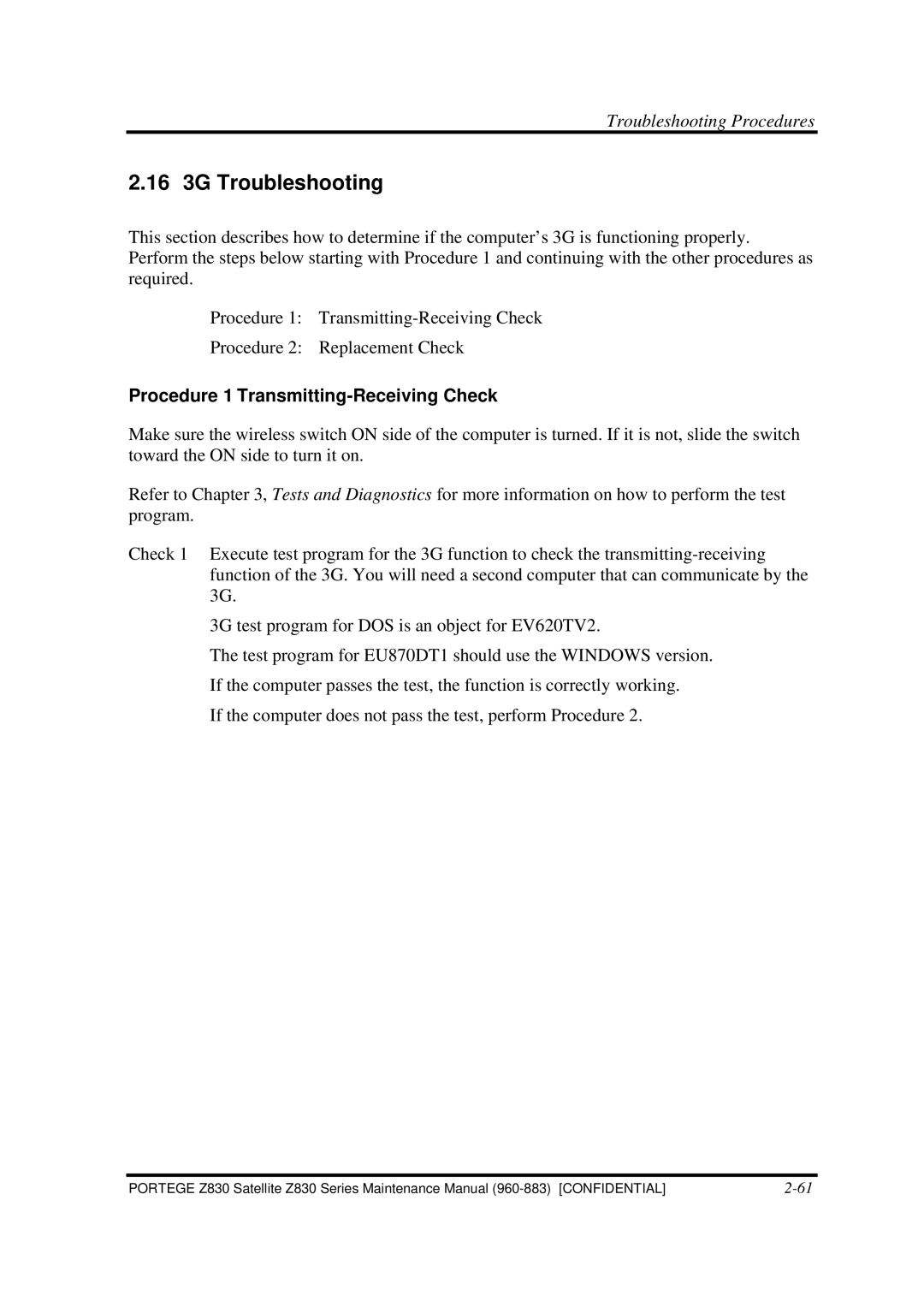 Toshiba Z830 manual 16 3G Troubleshooting, Procedure 1 Transmitting-Receiving Check 