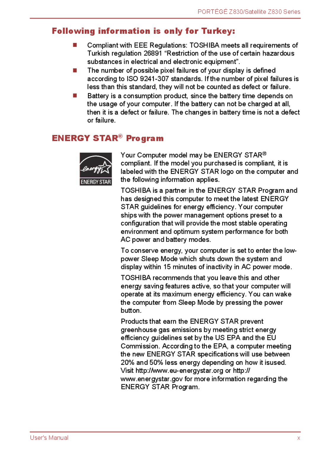 Toshiba Z830 user manual Following information is only for Turkey, Energy Star Program 