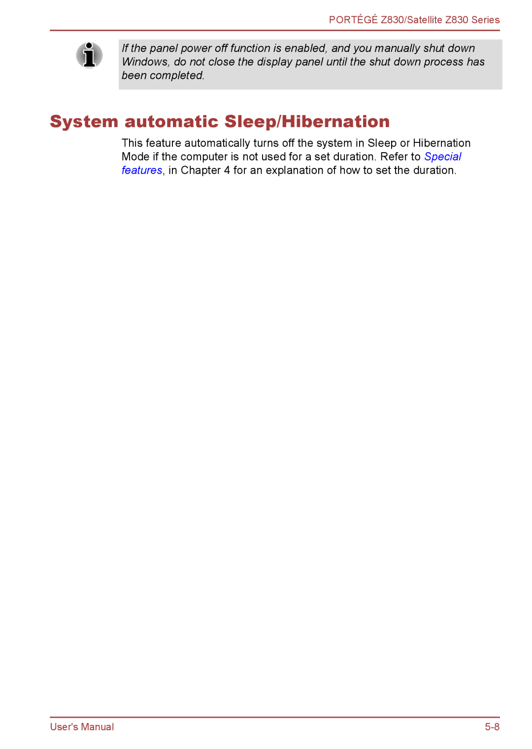 Toshiba Z830 user manual System automatic Sleep/Hibernation 