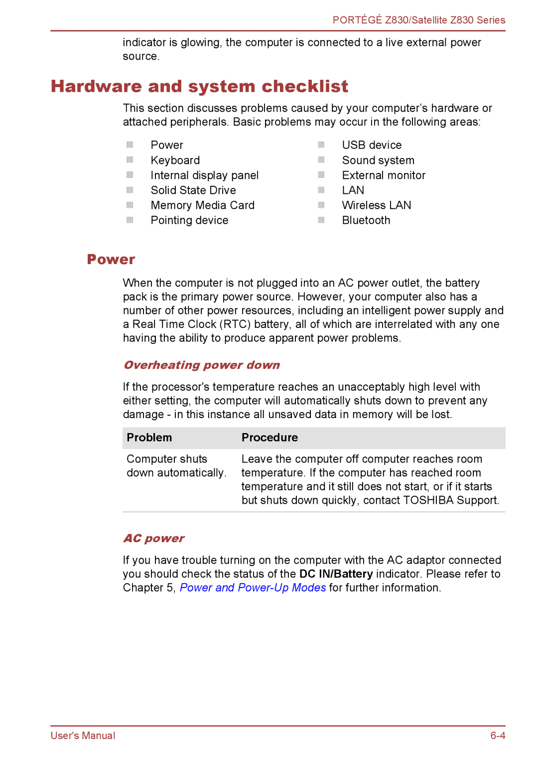 Toshiba Z830 user manual Hardware and system checklist, Power, Overheating power down, Problem Procedure, AC power 