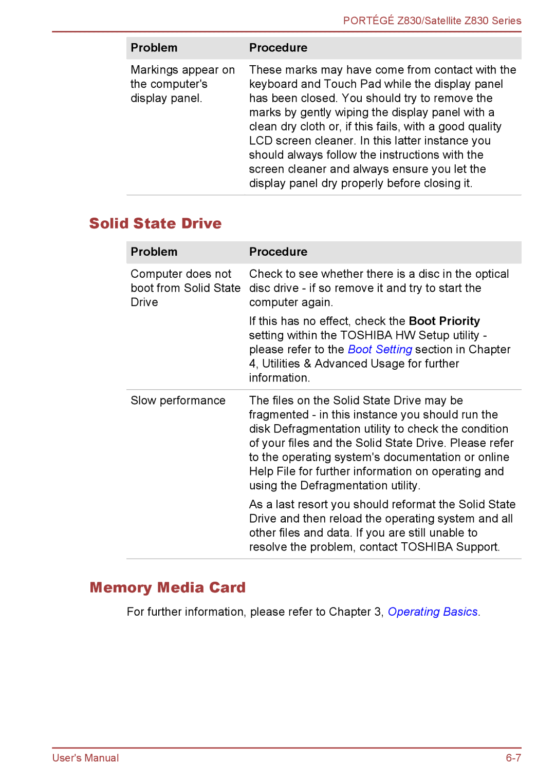 Toshiba Z830 user manual Solid State Drive, Memory Media Card 