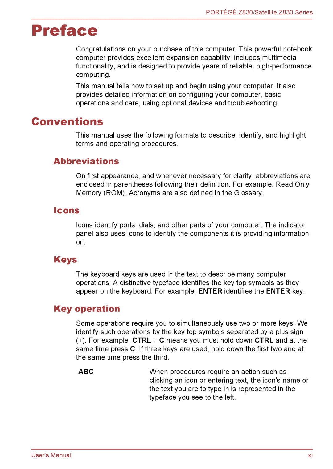 Toshiba Z830 user manual Preface, Conventions 