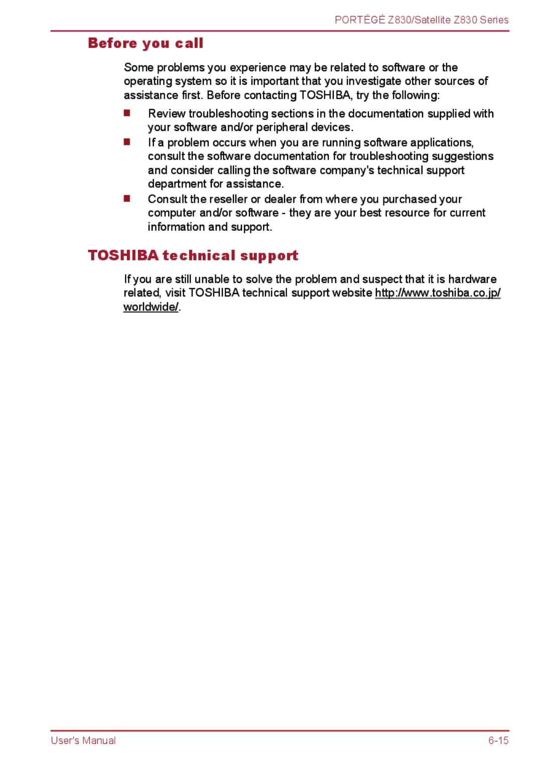Toshiba Z830 user manual Before you call, Toshiba technical support 