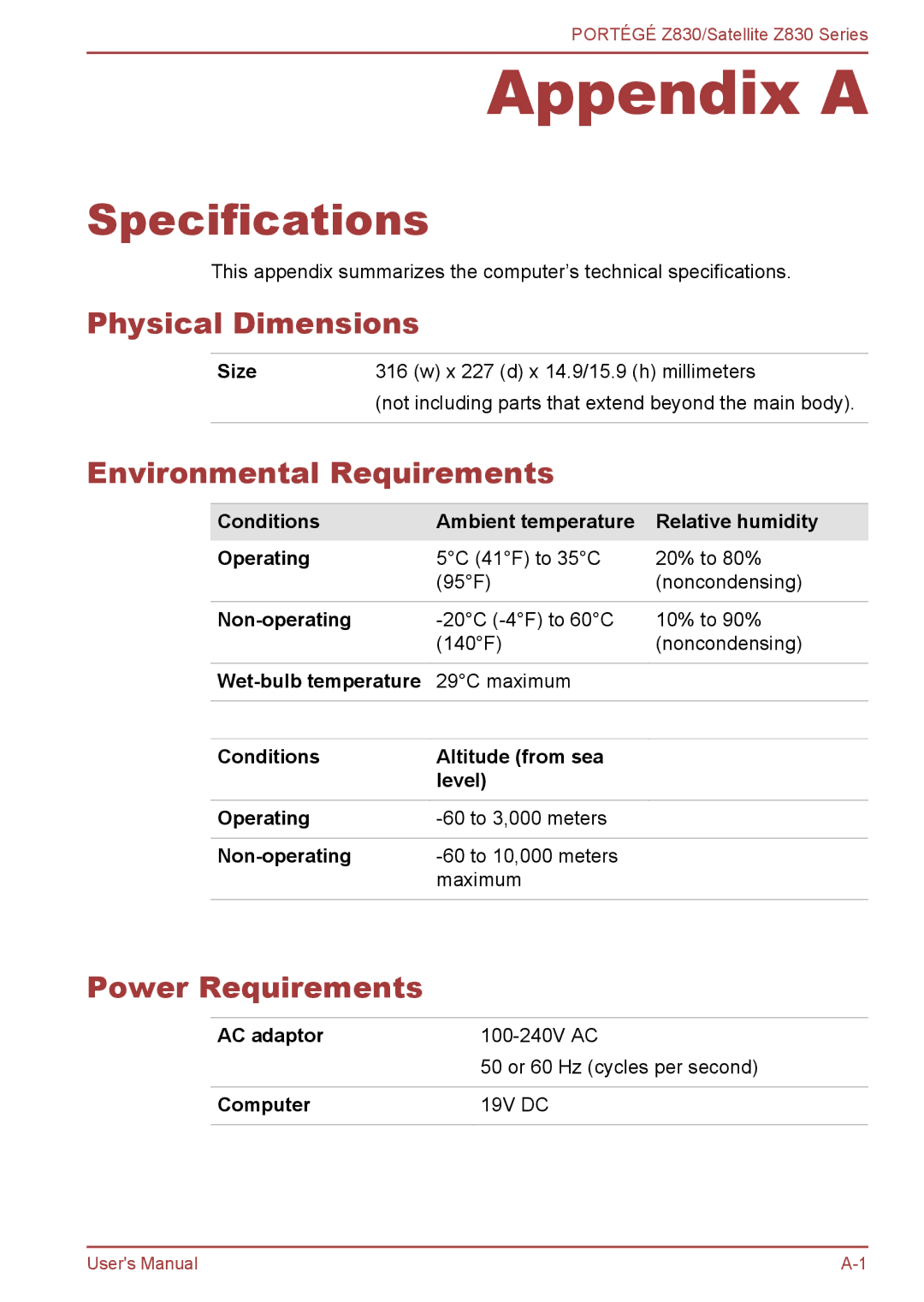 Toshiba Z830 user manual Specifications, Physical Dimensions, Environmental Requirements, Power Requirements 