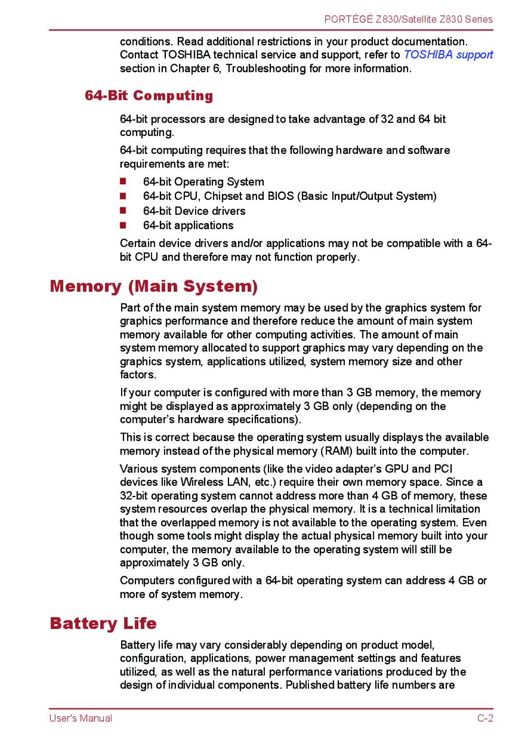 Toshiba Z830 user manual Memory Main System, Battery Life, Bit Computing 