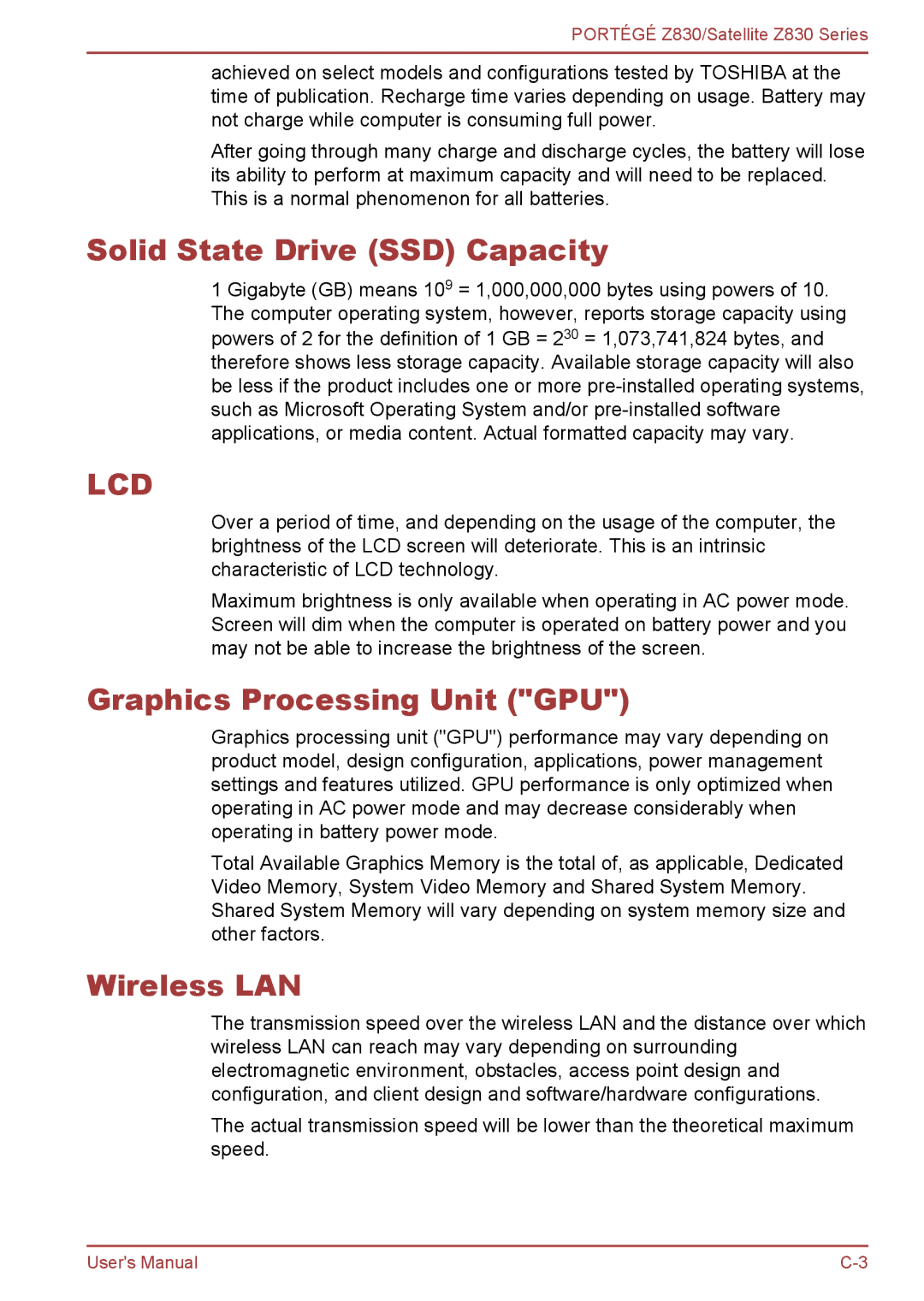 Toshiba Z830 user manual Solid State Drive SSD Capacity, Graphics Processing Unit GPU, Wireless LAN 